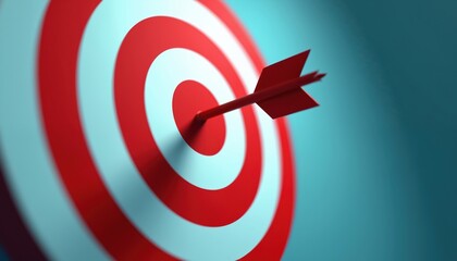 Illustration of arrow hitting center target. Business goals achievement, successful marketing strategy, aim, focus, target audience engagement. Visual metaphor for reaching objectives, driving sales.
