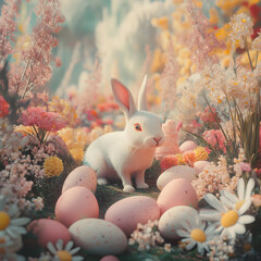 Easter-themed, pastel colors, a white bunny surrounded by colorful eggs and spring flowers, soft-focus background, vintage style.