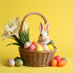 Easter-themed, rich colors, a white bunny surrounded by colorful eggs and spring flowers, soft-focus background, vintage style.