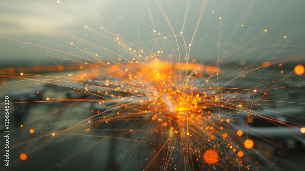 Poster abstract burst of vibrant orange and yellow lights spreading dynamically in a high-tech environment,