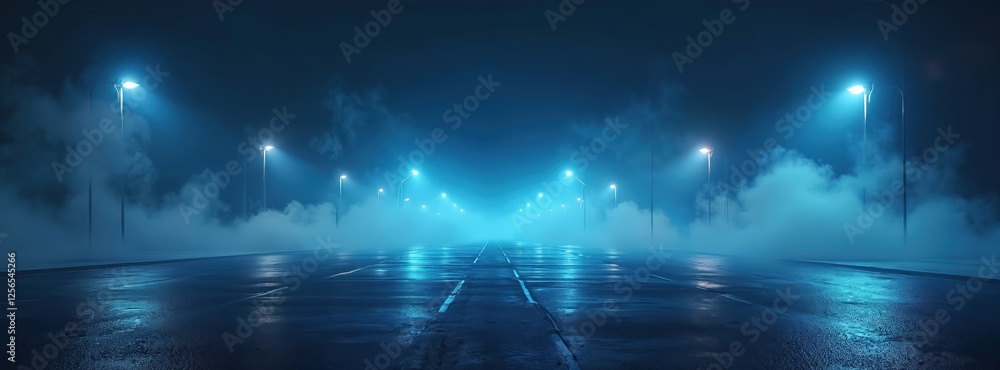 Poster abstract dark blue background presents empty street at night with neon lights. spotlights create str