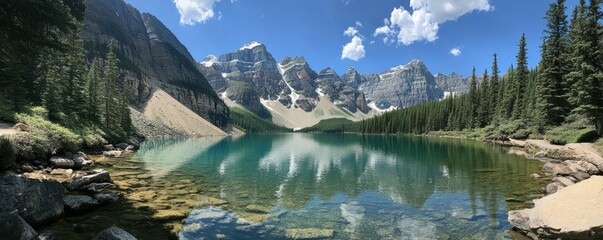 Stunning landscape of moraine lake with towering rocky mountains and lush greenery