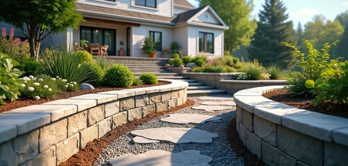 Illustration of residential backyard landscaping, stone blocks retaining wall with gravel backfill, stabilizes sloping landscape. Garden design with plants, flowers. Pathway curves to house with