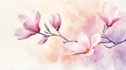Soft Watercolor Magnolia Branch in Bloom with Pastel Petals Highlighting Concept of Nature, Springtime Beauty, Floral Art, Botanical Inspiration. Spring background