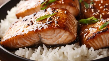 Close-up of rice with tangy teriyaki glazed salmon. Featuring salmon in a sweet teriyaki sauce, served over rice. Emphasizing a sweet, tangy dish. Ideal for teriyaki recipes.