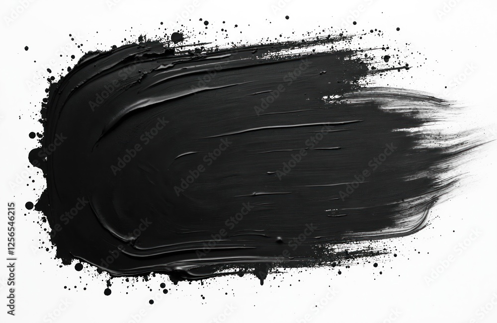 Poster Illustration of single textured black brush stroke with splatters on white backdrop. Dark paint smudge for modern artwork, grunge design and calligraphy projects. Artistic background.