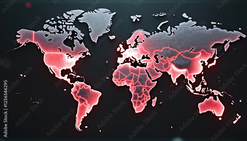 Poster World map with glowing red continents outlines on dark background. Global disease spread analysis data visualisation. Futuristic warning alert, epidemic, pandemic, virus, infection monitoring