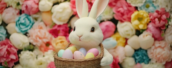 White bunny holding basket of colorful easter eggs with floral background