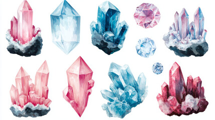 Crystal gem stone, gemstone jewel quartz rock vector isolated icon. Diamond crystal or mineral gems stone and ice of pink and blue glass, crystalline rock and jewelry rhinestone