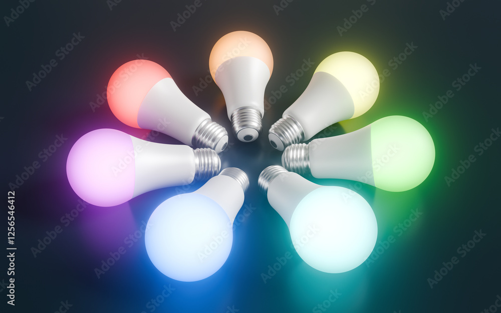 Aufkleber colorful rgb light bulbs arranged in a circular pattern viewed from a diagonal angle.
