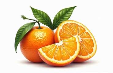 Illustration of orange fruit with slices, leaves on white background. Juicy citrus fruit composition of whole, halved oranges. Orange colour, healthy nutrition, vitamin source. Natural, organic,