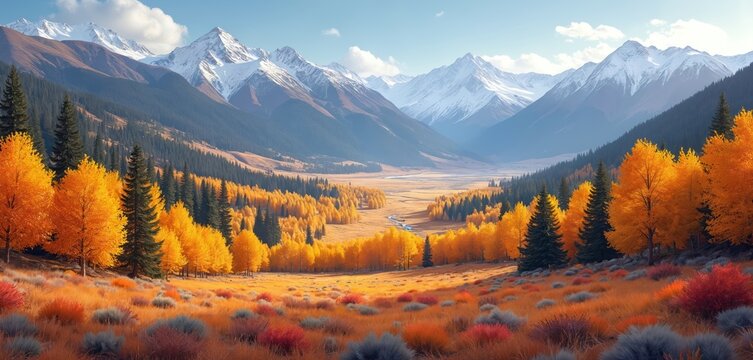 Symmetrical autumn valley in Sierra Nevada mountains illustration. Colorful symmetric landscape with vibrant fall foliage. Forest nature scene with blue sky, green grass, yellow aspen trees, snowy