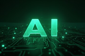 Neon green text "AI" on a dark techno background, modern technologies, artificial intelligence and innovative projects in the field of digital solutions