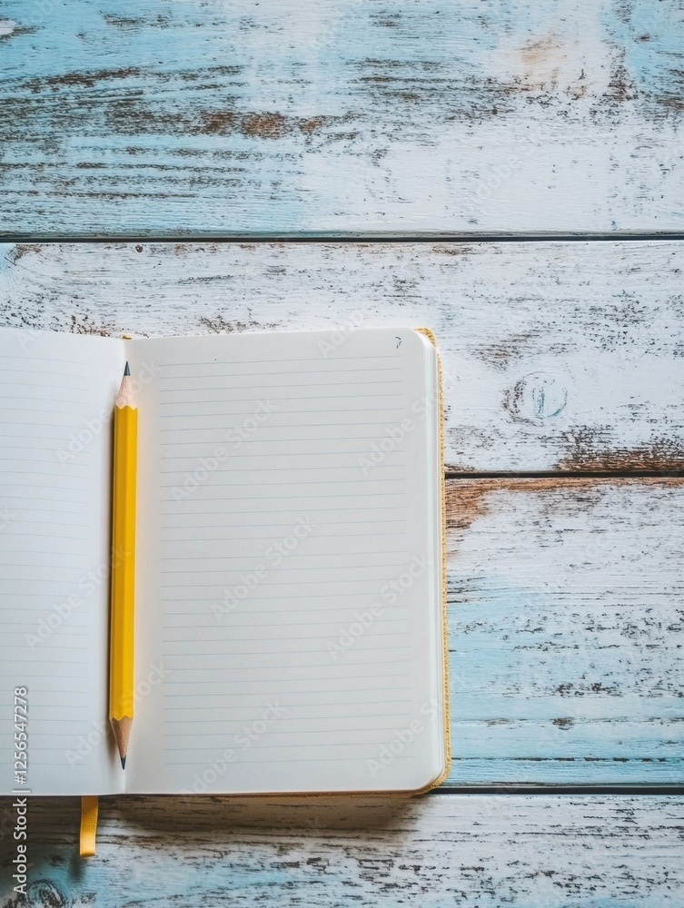 Poster open notebook with a pencil placed on a bright wooden desk in a spacious setting suitable for creati