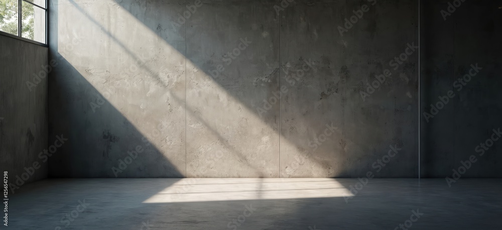 Aufkleber Minimalist scene of empty gray concrete room. Sunlight rays from window illuminate weathered wall, floor. Modern design with blank space for product display backdrop. Perfect for presentation banner.