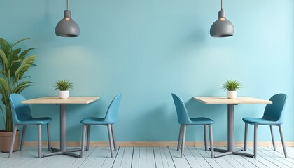 Minimalist cafe interior design features blue chairs, wooden tables, plants. Modern style, simple, clean space. Contemporary furniture, light walls, decor create cozy comfortable home office vibe.