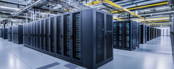 Modern data center interior with rows of high-tech server racks and advanced networking equipment
