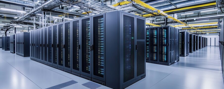 Modern data center interior with rows of high-tech server racks and advanced networking equipment