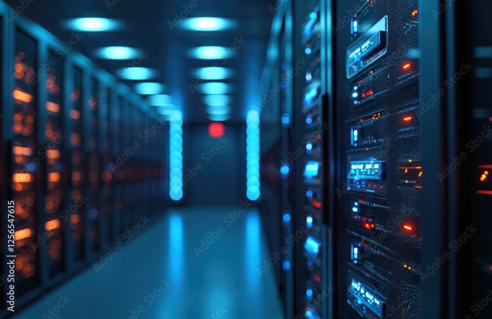 Aufkleber Network of rack servers with blinking lights in supercomputer data center, copy space. Futuristic design shows information tech, AI, cloud computing, data storage, security, connection in cyberspace.