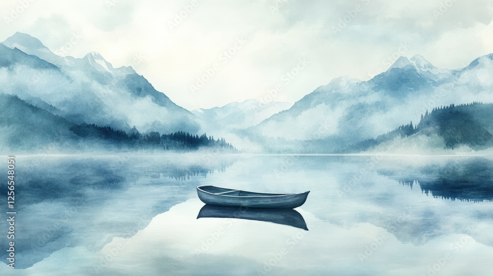Aufkleber Serene watercolor illustration of a single rowboat on a calm mountain lake with a blank sky for text. Generative AI