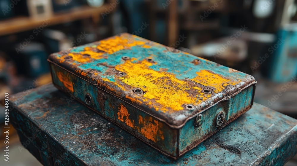 Poster a weathered metal box with rust and vibrant colors on a workbench.