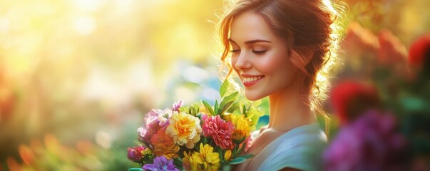 Fototapeta premium Caucasian young woman enjoying colorful bouquet in sunlit garden