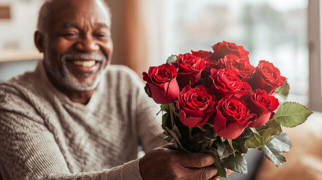 Elderly African American man smiling with a bouquet of red roses Concept of love, romance, and joyful gifting gestures on a special occasion. Valentine's Day