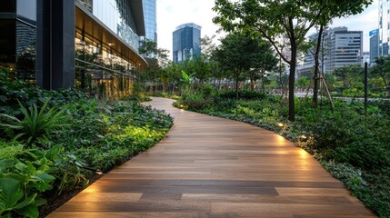 Obraz premium Urban park walkway, modern city, evening scene, peaceful atmosphere, suitable for website backgrounds