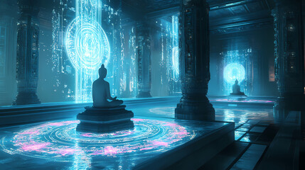 Digital temple with holographic patterns, blueprints, and 4d printed structures in a serene environment. Holographic Temples. Illustration