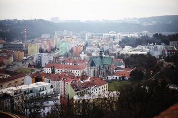 View of the city of Brno and the Cathedral of St. Peter and Paul. Stormy sky over the city.