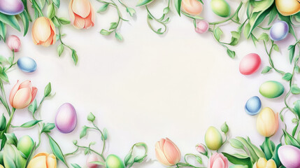 Fototapeta premium Watercolor border of pastel Easter eggs and flowers. Concept of spring celebration, festive decoration, Easter holiday, floral arrangement greeting card, copy space