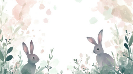 Watercolor illustration of two rabbits surrounded by soft pastel foliage. Concept of Easter, springtime charm, nature's beauty, gentle pastel art greeting card, copy space