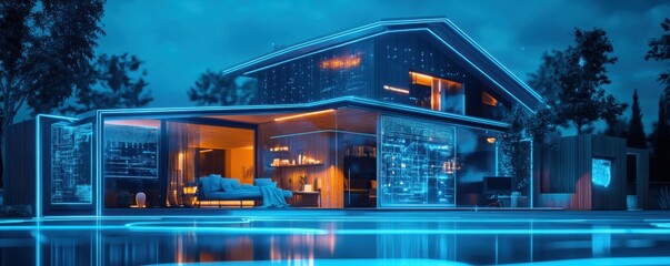 Futuristic smart home with neon lighting by poolside at night