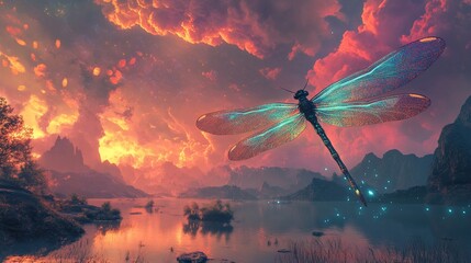 Fototapeta premium Dragonfly's Flight Over a Serene Sunset Landscape