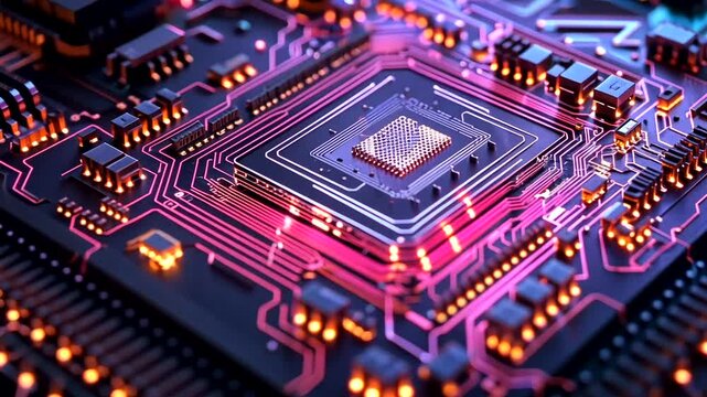 Close-up view of a vibrant microchip showcasing intricate circuitry and glowing elements