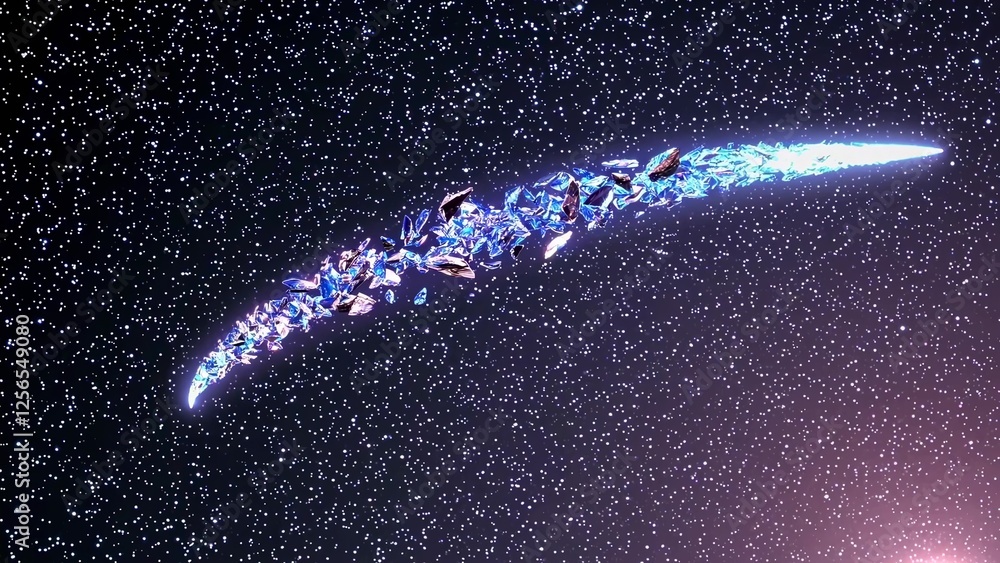 Poster glowing fragments trailing behind a disintegrating comet create a mesmerizing celestial display, set