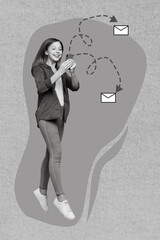 Photo of young beautiful funky girl teenager jump hold smartphone chatting fast delivery email...