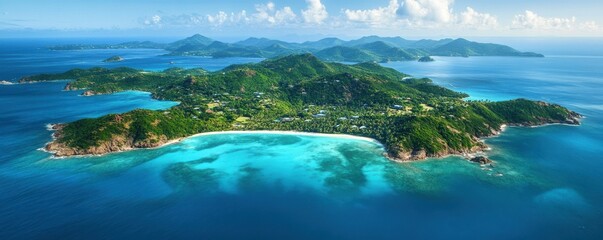 Aerial view of tropical island with lush greenery and turquoise waters