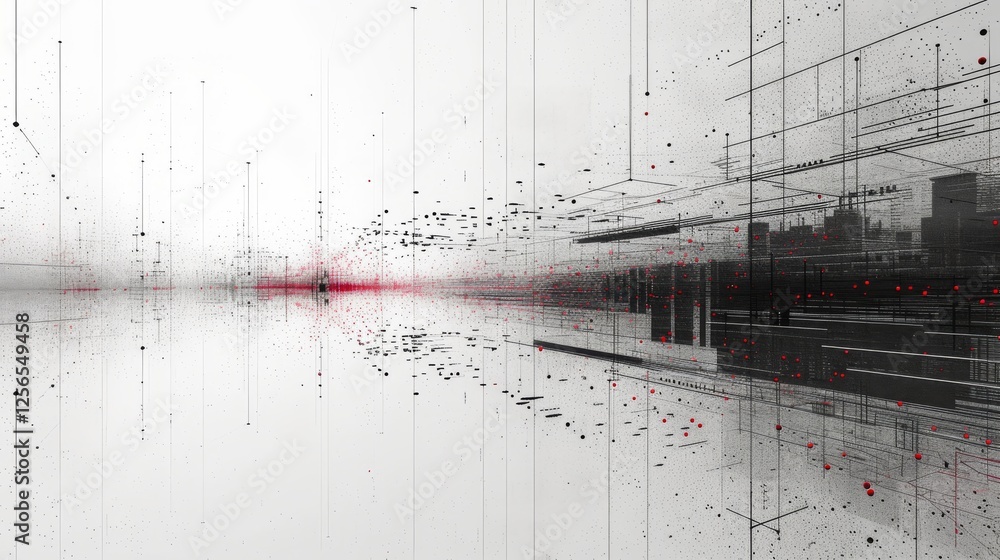 Aufkleber a digitally rendered linear landscape with bold red accents, merging futuristic elements with minima