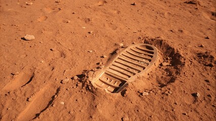 Fototapeta premium A distinct shoe print is pressed into the fine, sandy terrain of a desolate desert. The image captures the stark contrast between the human mark and the barren, natural environment, evoking a sense o
