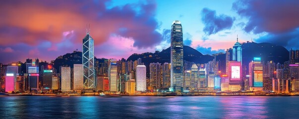 Vibrant hong kong skyline at dusk with illuminated cityscape and colorful skies