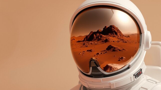 Close-up of an astronaut's helmet visor reflecting the red planet Mars, emphasizing the dream of interplanetary travel and human ambition in space