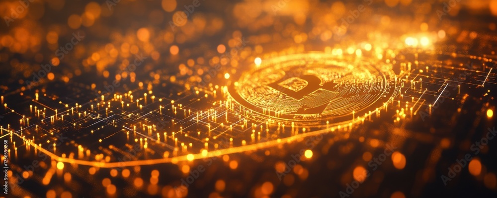 Poster glowing bitcoin symbol on digital circuit board background