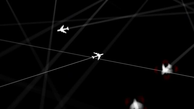tracking an airplane flying through air traffic 3d animation on black background