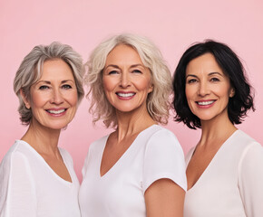 three beautiful women, 50 years old, women of different nationalities, women smiling, perfect skin, pastel pink background 