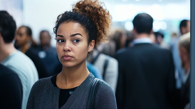 Displeased attendee facing long registration lines at an event. Featuring a crowded venue entrance