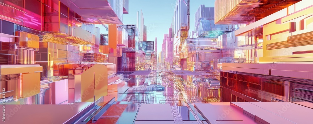 Poster futuristic abstract cityscape with colorful geometric structures and reflections