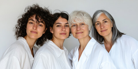 Fototapeta premium The image features four women of diverse ages and appearances, standing closely together in a playful, affectionate pose. 