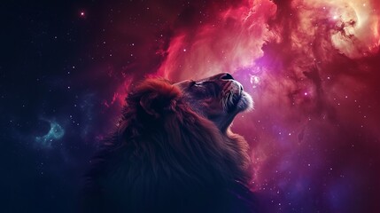 Powerful Lion Portrait in Deep Space with Vibrant Nebula Clouds.