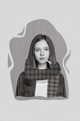 Composite photo poster artwork collage of young teenager girl wear painted plaid warm cozy scarf...
